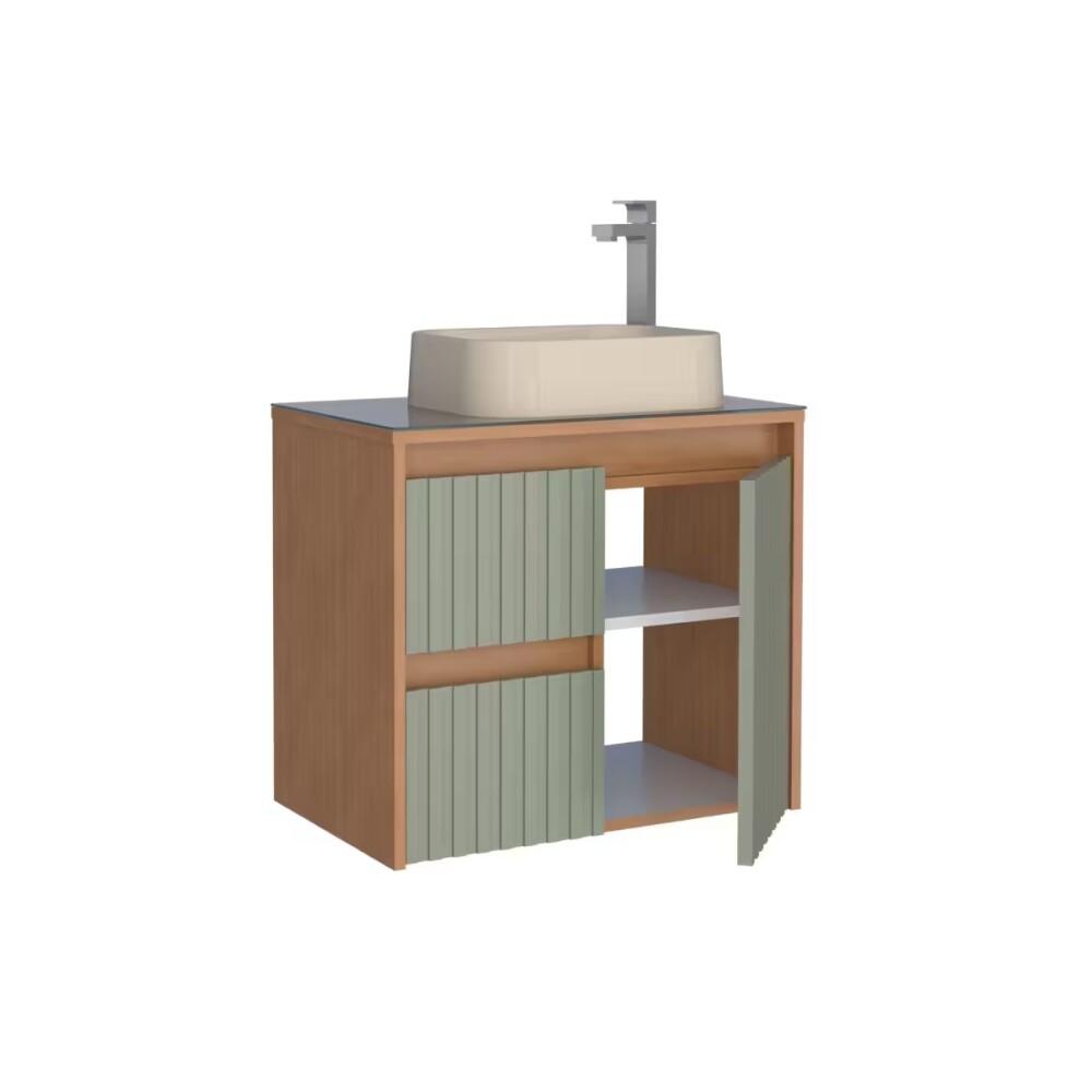 Mueble de baño suspendido Kyoto Verde 61 cm con tapa de vidrio y bacha de loza Mueble De Baño Suspendido Kyoto Verde 61 Cm Con Tapa De Vidrio Y Bacha De Loza