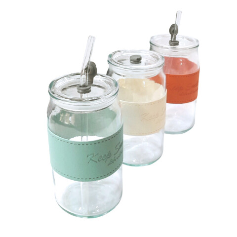 Vaso alto de vidrio agarre cuero sintético Vaso Alto De Vidrio Agarre Cuero Sintético