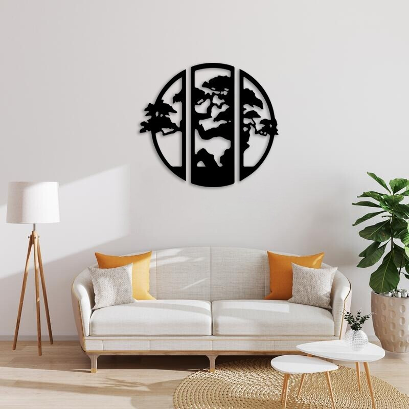 Cuadro Madera Calada Tríptico Bonsai 53 X 53 Cm Negro