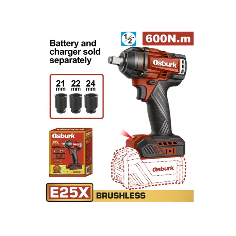 LLAVE DE IMPACTO A BATERIA 25V E25X 1/2´´ 600NM + 3 DADOS 21 22 24MM S/BAT S/CA LLAVE DE IMPACTO A BATERIA 25V E25X 1/2´´ 600NM + 3 DADOS 21 22 24MM S/BAT S/CA