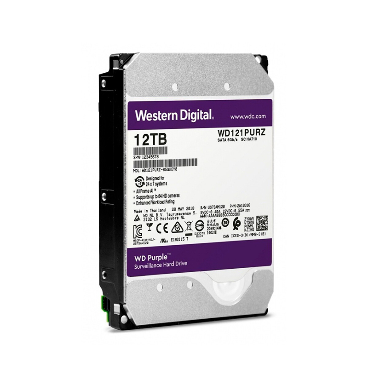 Disco Duro Western Digital HDD 3.5 WD PURPLE 12 Tb Sata3 Intellipower 