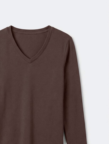 BLUSA BÁSICA DE MANGA LARGA Y CUELLO EN V MARRÓN