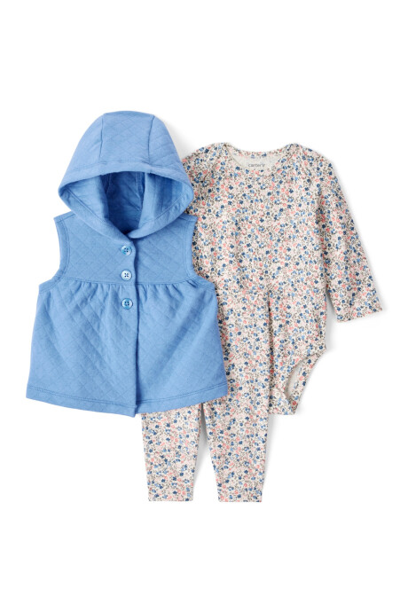 Set tres piezas de algodón, chaleco capitoneado, pantalón y body diseño floral Set tres piezas de algodón, chaleco capitoneado, pantalón y body diseño floral