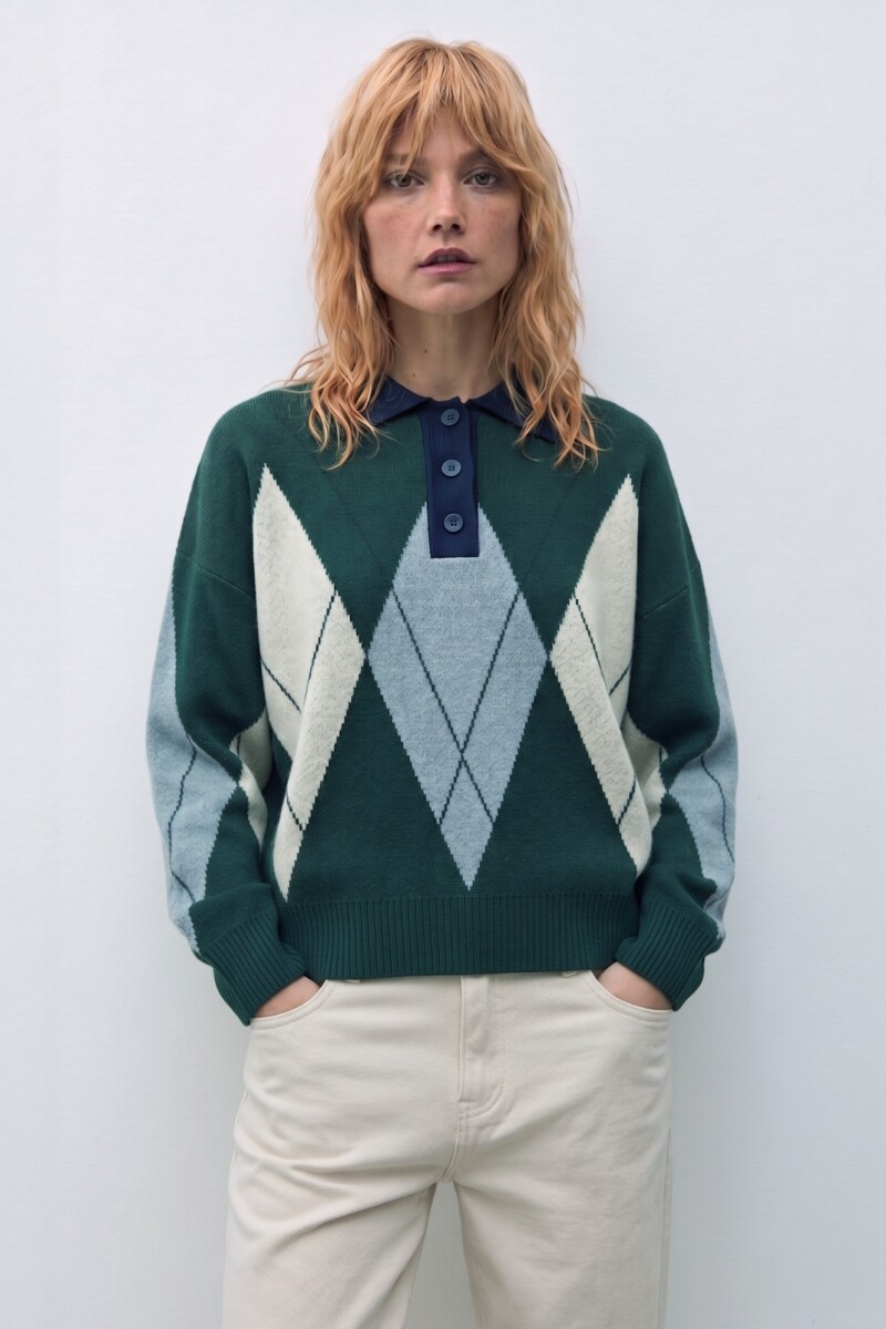 Sweater rombos cuello polo verde ingles
