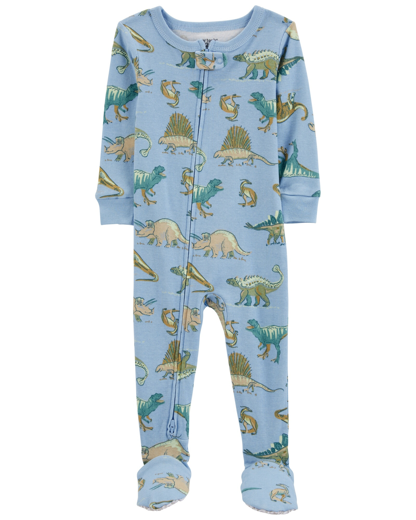 Pijama una pieza de algodón, con pie, azul, diseño dinos. Talles 12-24M Pijama una pieza de algodón, con pie, azul, diseño dinos. Talles 12-24M
