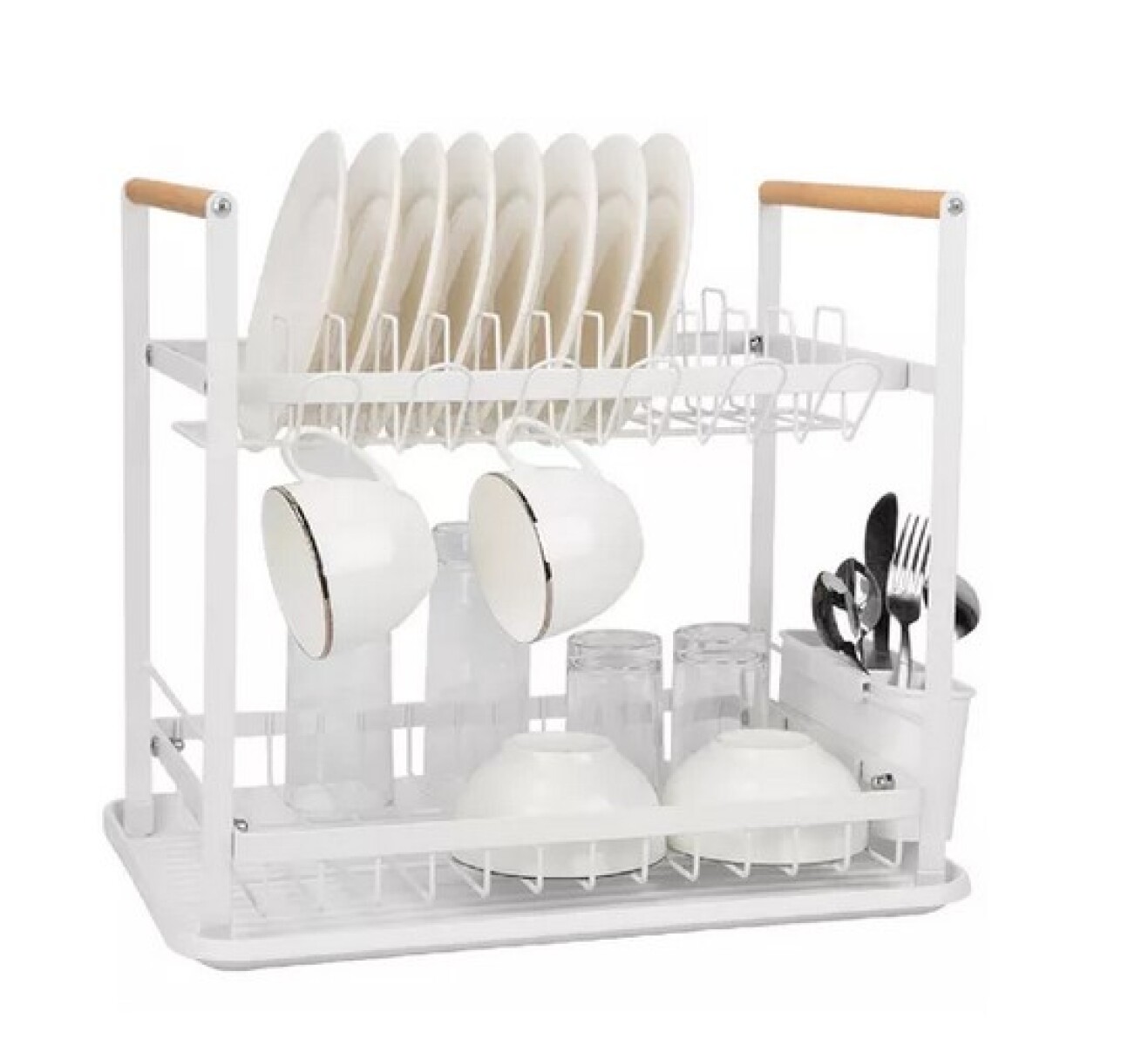Escurridor de platos 2 pisos metal con madera - Blanco 