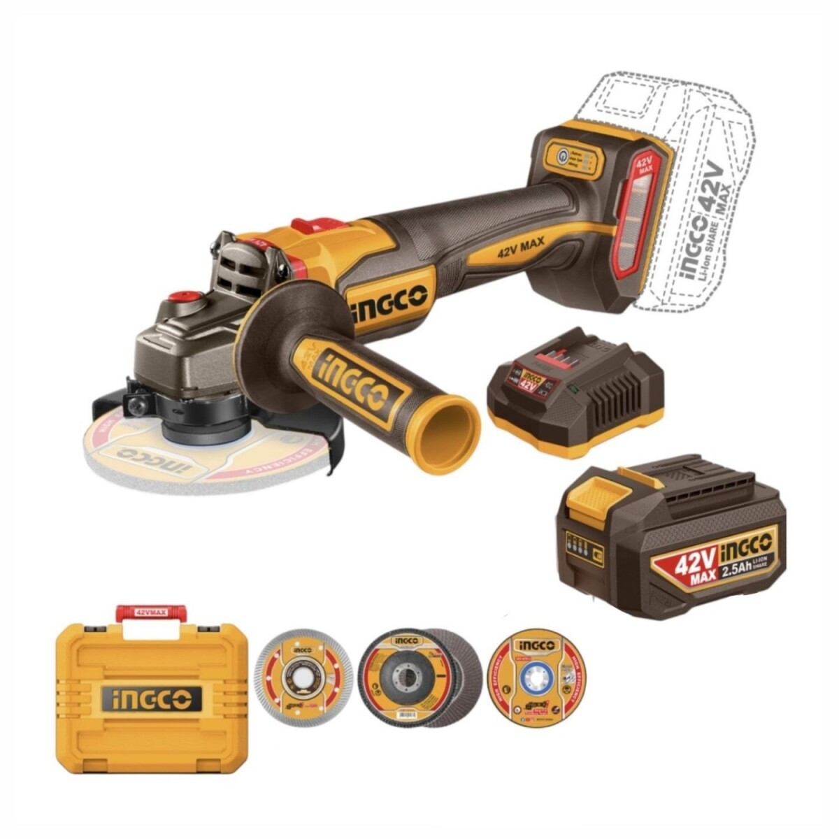 Kit Ingco Amoladora Angular Bateria 42V - Uso industrial 