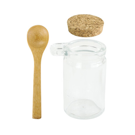 Frasco de vidrio con tapa de corcho y cuchara de bamboo 140ml Frasco de vidrio con tapa de corcho y cuchara de bamboo 140ml