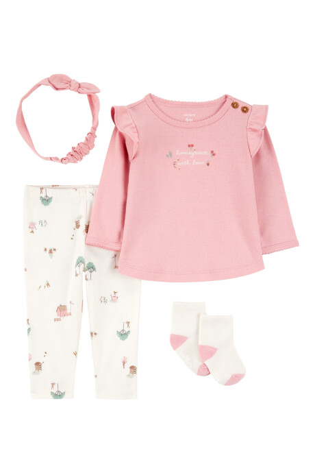 Set cuatro piezas de algodón, pantalón, remera, vincha y medias Sin color