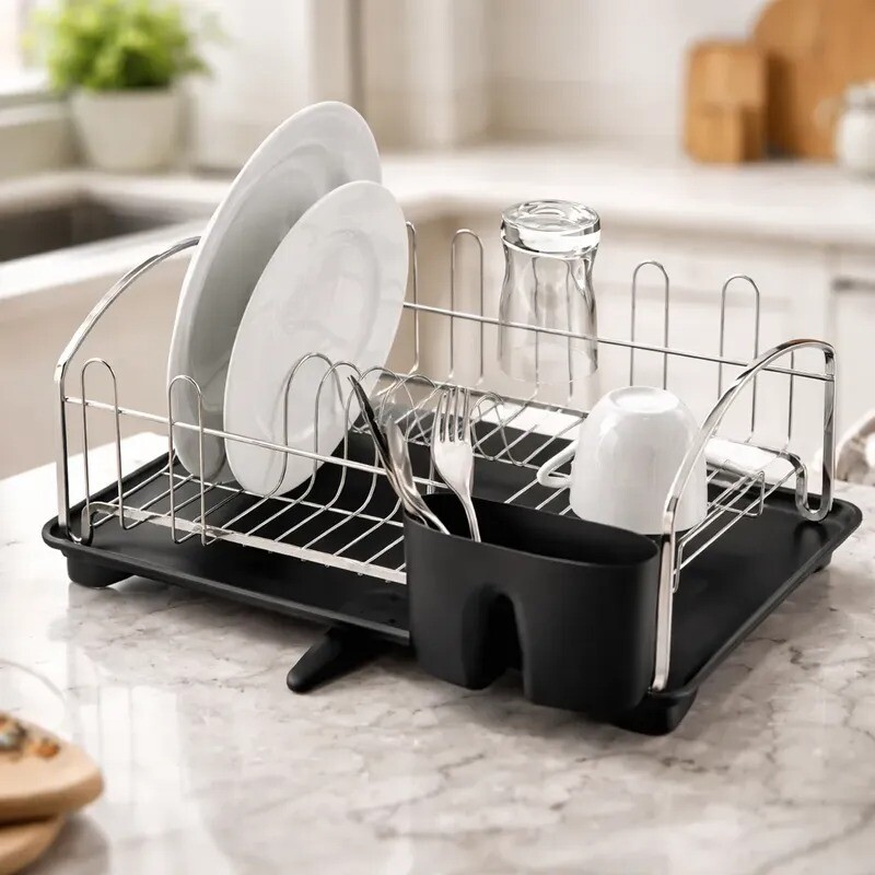 Escurreplatos cromado con bandeja negra con desagüe Escurreplatos cromado con bandeja negra con desagüe