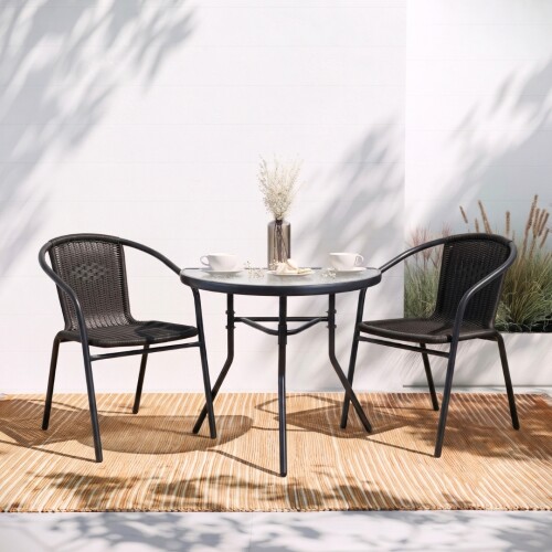 Set De Jardín Mesa De Vidrio + 2 Sillas Símil Rattan Negro