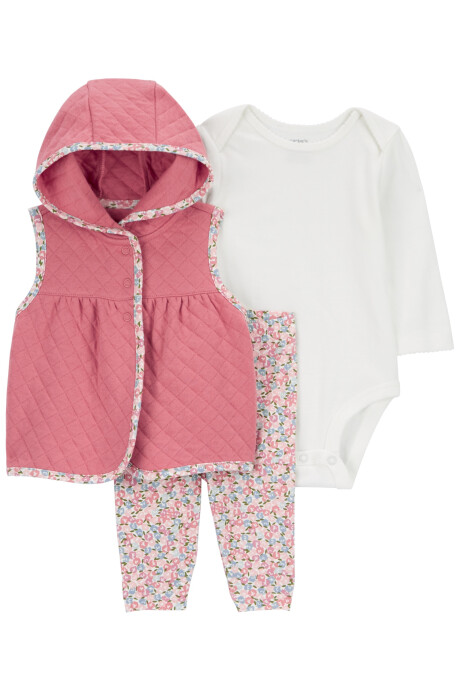 Set tres piezas de algodón, chaleco capitoneado, pantalón y body, diseño floral Sin color