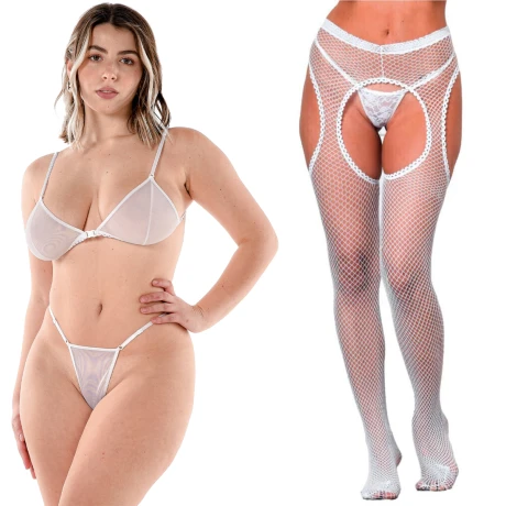 Conjunto de Tul + Panty Portaligas de Red Blanco