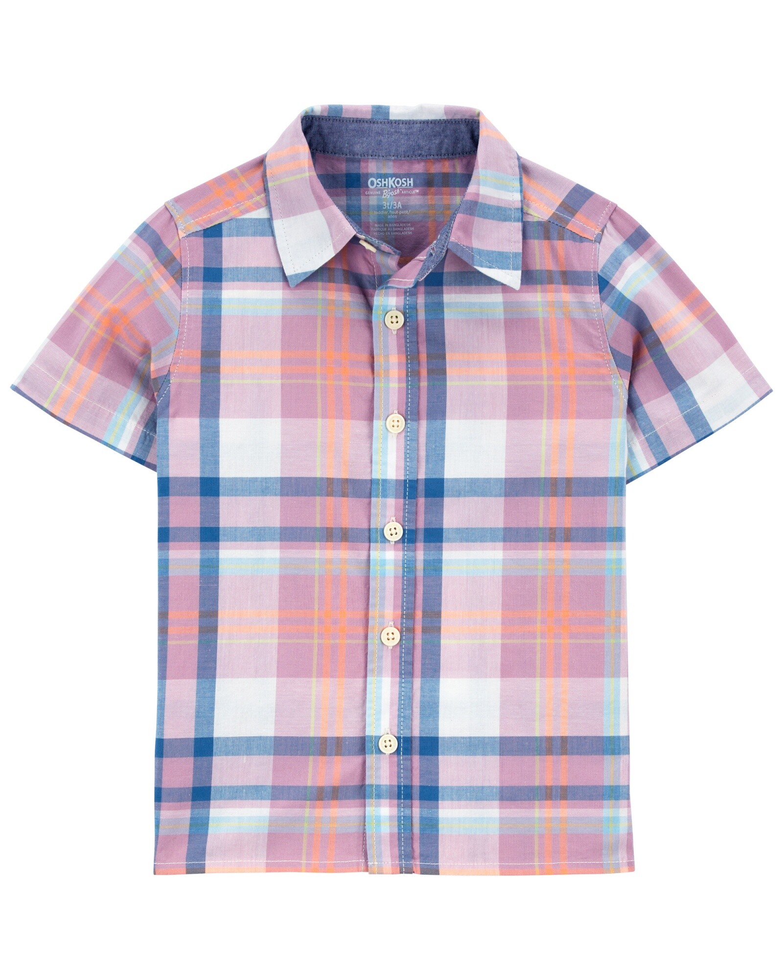 Camisa de algodón, manga corta diseño a cuadros. Talles 2-5T Sin color