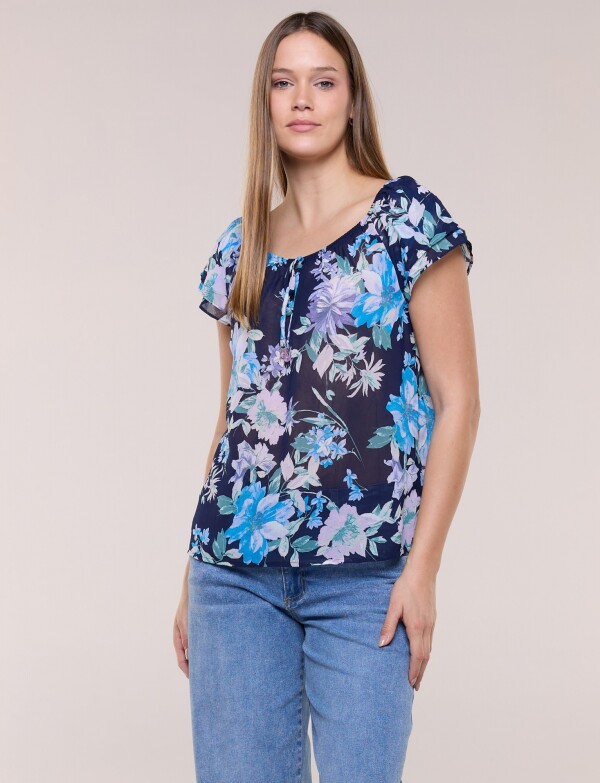 Blusa Floral Con Escote Elastizado Y Lazo MULTI/AZUL