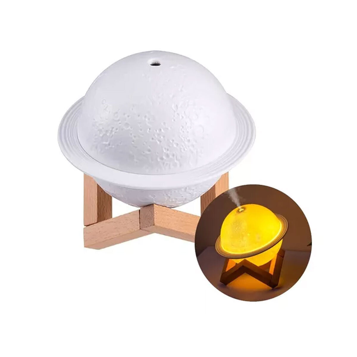 HUMIDIFICADOR CON ILUMINACIÓN LED DISEÑO PLANETA Y BASE DE MADERA 