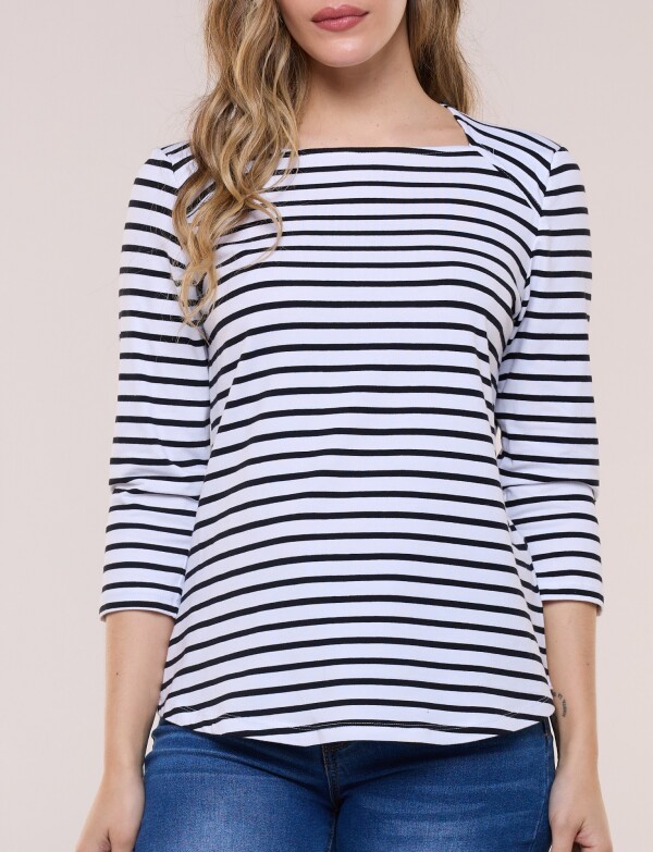 Remera Escote Bote Con Manga 3/4 Raglán BLANCO/NEGRO