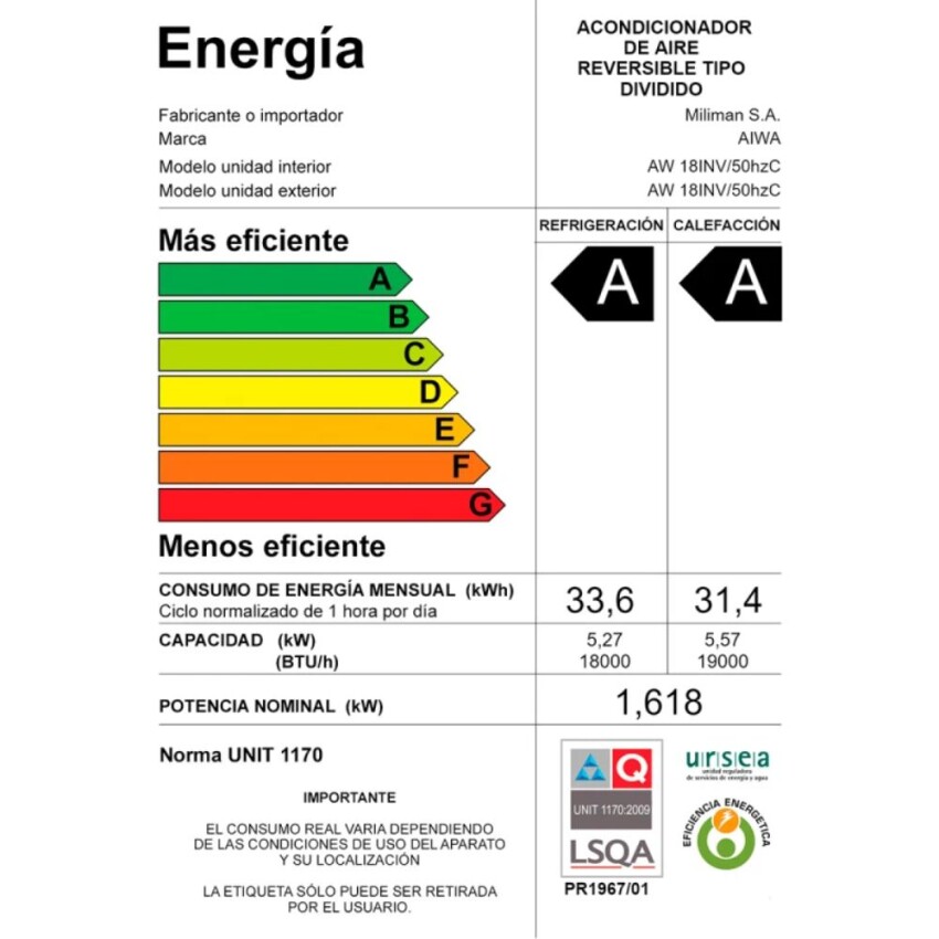 Aire Acondicionado AIWA 18.000 BTU Inverter Aire Acondicionado AIWA 18.000 BTU Inverter