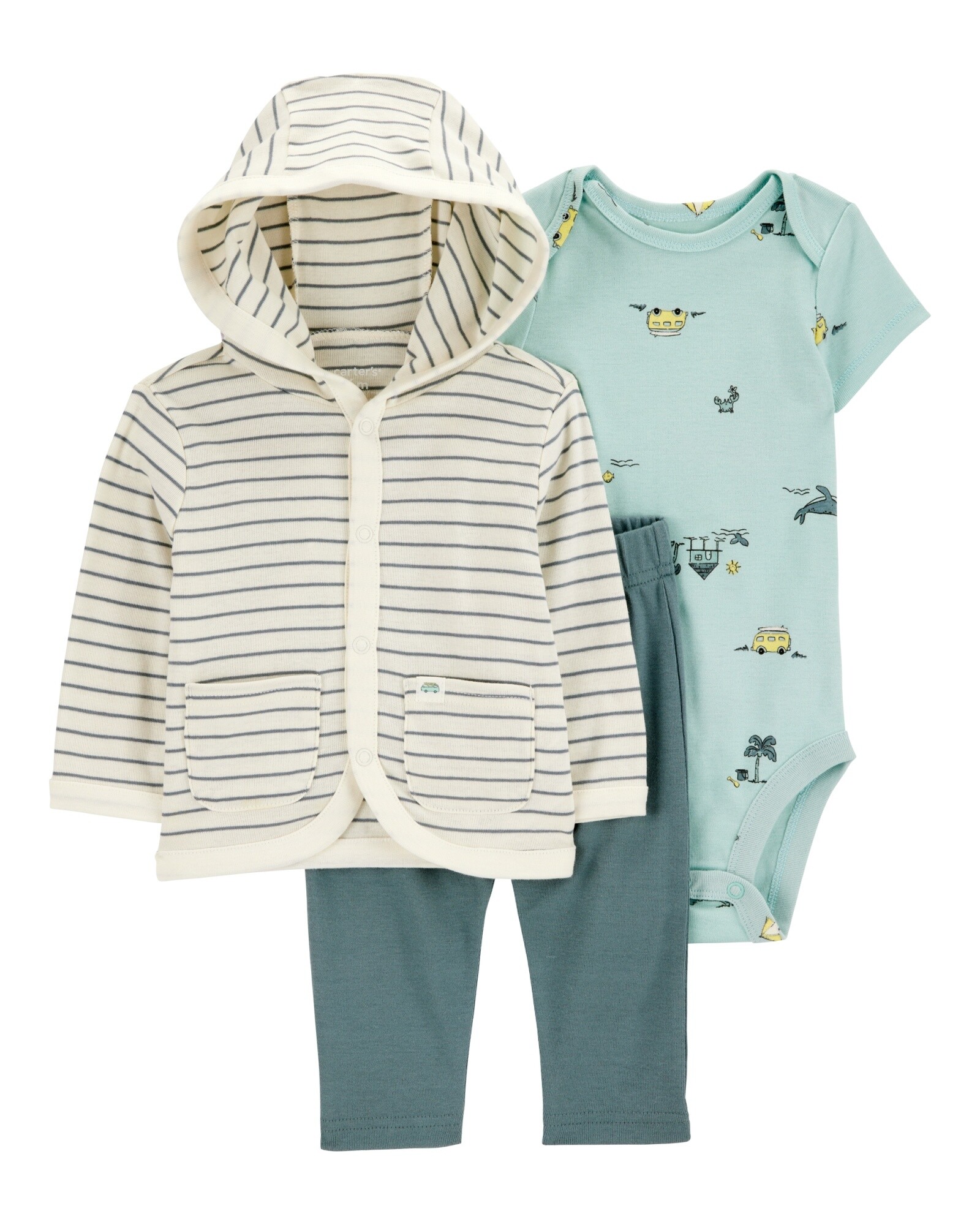 Set tres piezas de algodón, pantalón, saco con capucha y body Sin color