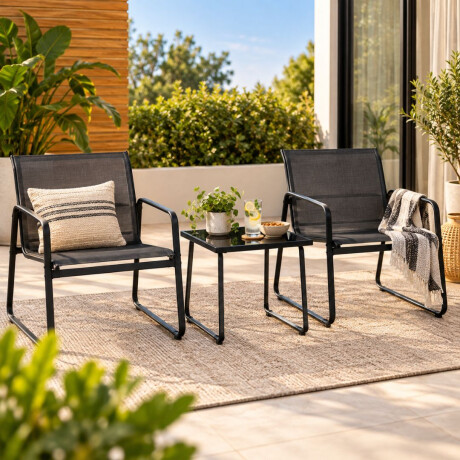 Set de 2 sillones de metal y red + mesa de vidrio y metal Set de 2 sillones de metal y red + mesa de vidrio y metal