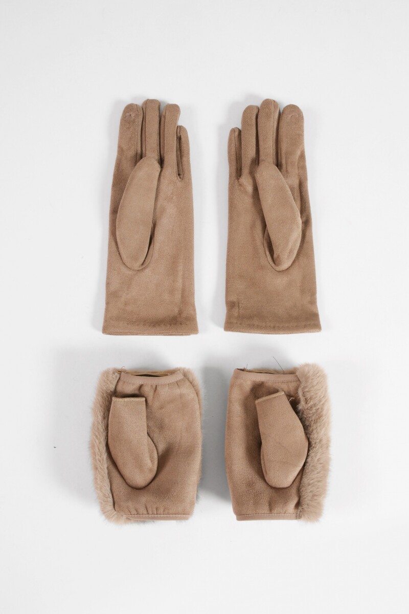 Guantes de suede con miton de pelo removible beige