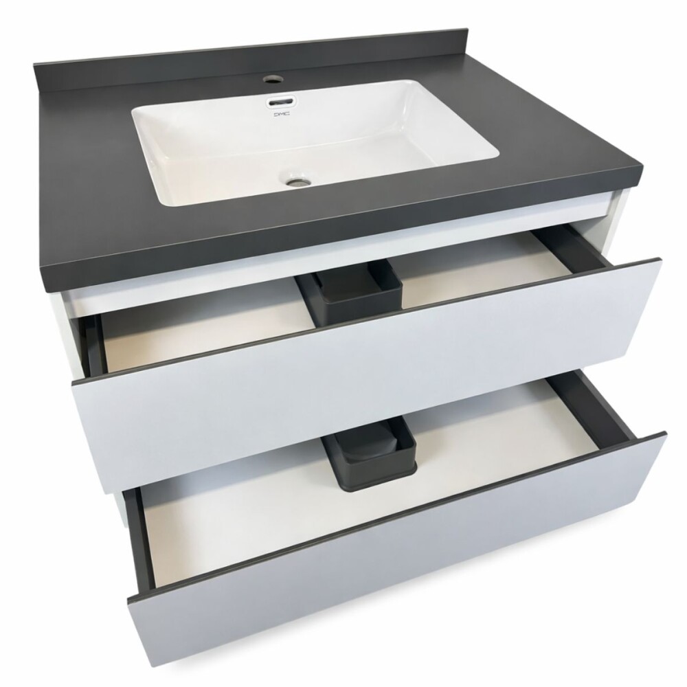 Mueble de baño suspendido Vip Blanco 80cm mesada gris con Bacha de Loza Mueble De Baño Suspendido Vip Blanco 80cm Mesada Gris Con Bacha De Loza