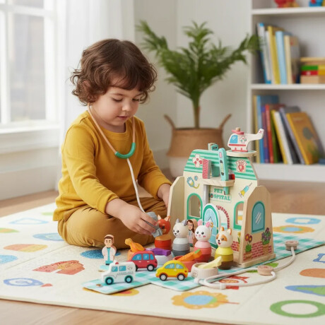 Set Juego Hospital Veterinario Madera Animales y Accesorios Verde