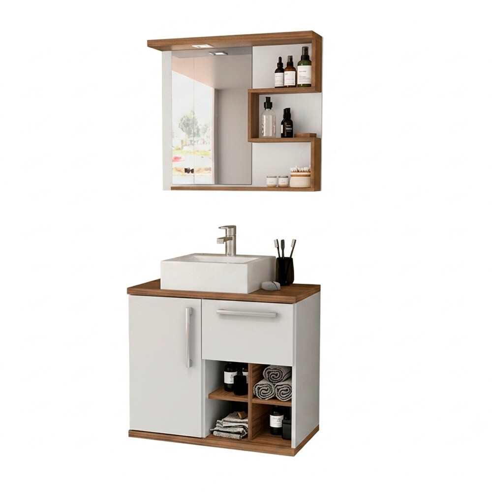 CONJUNTO MUEBLE DE BAÑO MODELO VENEZA BLANCO CON NOGAL / MUEBLE DE COLGAR + ESPEJO + BACHA / 70CM Conjunto Mueble De Baño Modelo Veneza Blanco Con Nogal / Mueble De Colgar + Espejo + Bacha / 70cm