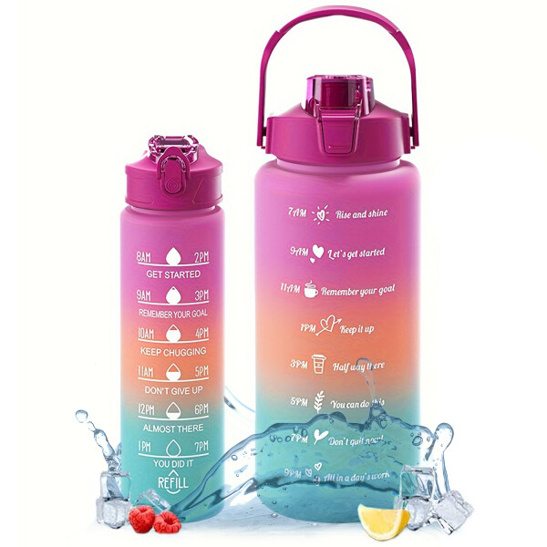 Set X2 Botella De Agua Deportiva 2L + 800 ML MotivacionaL Variante Color Magenta