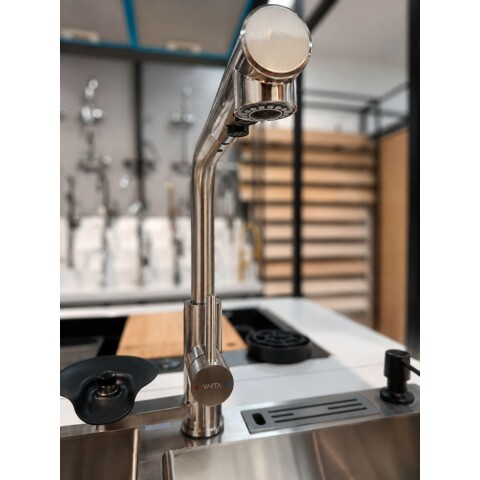 Grifería de Cocina monocomando de Mesada con lavavasos satinado en L pico extraible Grifería De Cocina Monocomando De Mesada Con Lavavasos Satinado En L Pico Extraible