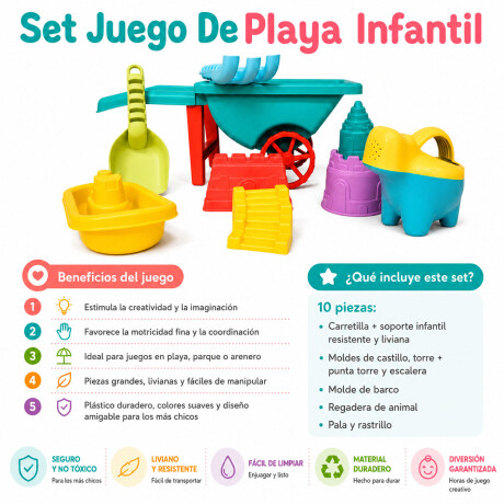 Set Juego Playa Infantil Carretilla Moldes Rastrillo 10pzas Verde
