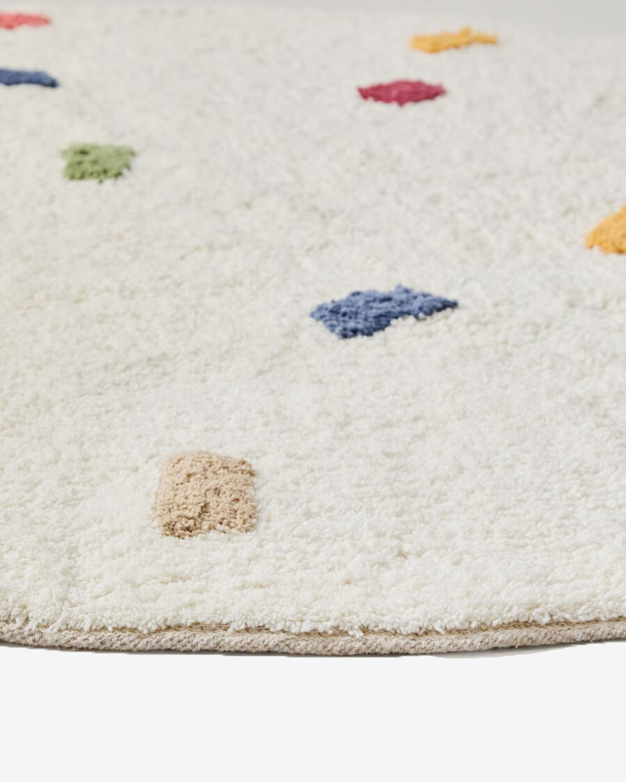 Alfombra redonda Epifania 100% algodón blanco con puntos multicolor Ø 120 cm Alfombra redonda Epifania 100% algodón blanco con puntos multicolor Ø 120 cm