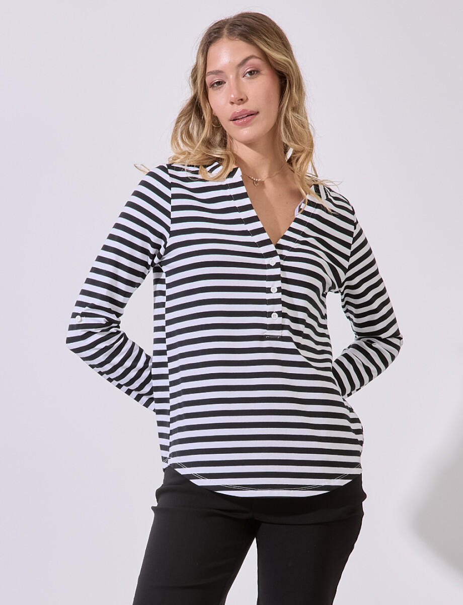 Remera Algodon Escote V - Negro/blanco 