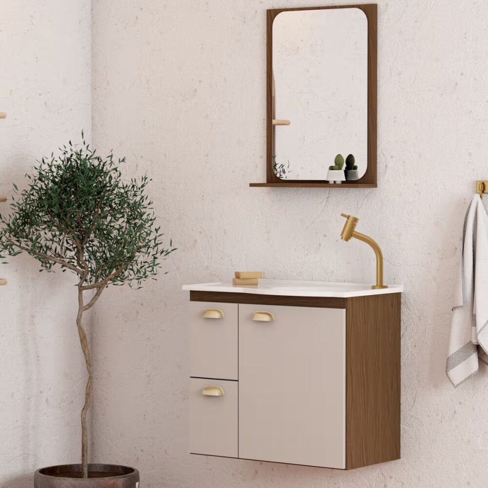 Mueble de baño suspendido Jataí Nogal/Nude 60cm con espejo 40 cm Nogal Mueble De Baño Suspendido Jataí Nogal/nude 60cm Con Espejo 40 Cm Nogal