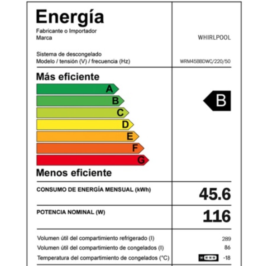 Heladera Whirlpool 400 Lts Blanca WRM45BBDWC Heladera Whirlpool 400 Lts Blanca WRM45BBDWC