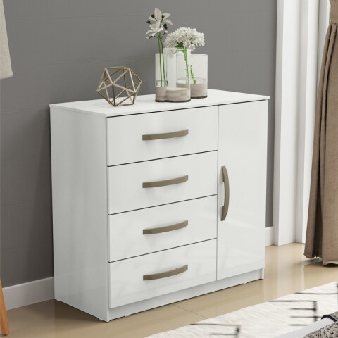 Cómoda Cajonera para Dormitorio de 4 Cajones y 1 Puerta en MDP - Blanco Cómoda Cajonera para Dormitorio de 4 Cajones y 1 Puerta en MDP - Blanco