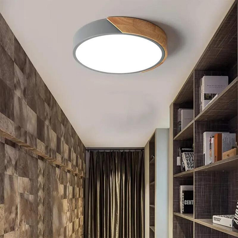 Luminaria Plafón Led 50cm Metal Y Madrera Luz Cálida Gris