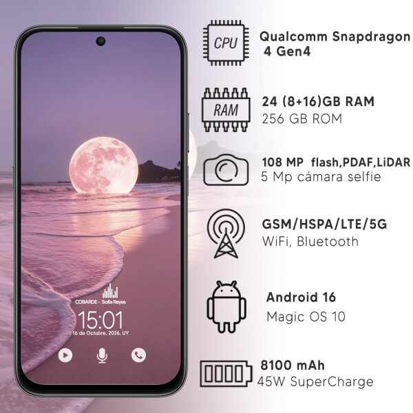 Honor 600 Elite 24(8+16)gb 256 Gb 5g + Auricular Earbuds X7 Lite NEGRO