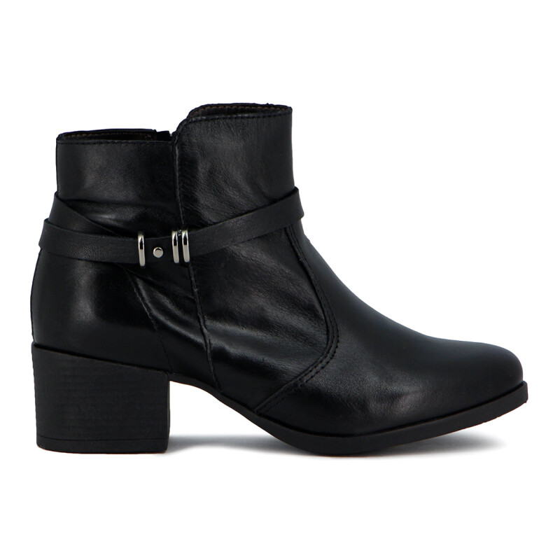 Country Bota Mujer De Cuero Tira Cruzada C/ Aplique Caña Baja Taco Cuadrado Negro