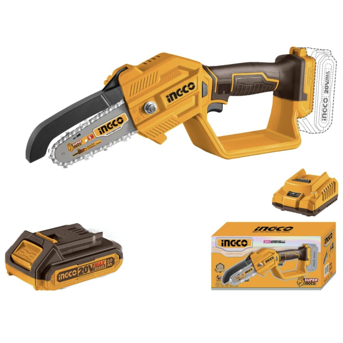 Mini Motosierra Inalámbrica Ingco 20V con Bateria y Cargador 