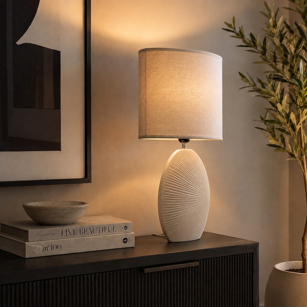 Lámpara de Mesa Cerámica Beige Ovalada con Pantalla de Tela 54 cm 