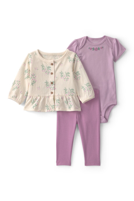 Set tres piezas de algodón, pantalón, body y saco, lila y crema, diseño floral Sin color
