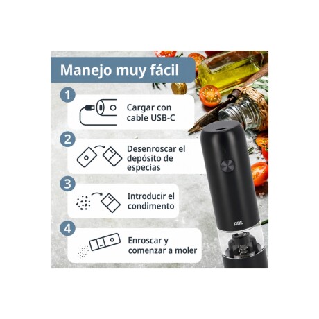 Molinillo Eléctrico Sal y Pimienta Recargable Negro ADE Molinillo Eléctrico Sal y Pimienta Recargable Negro ADE