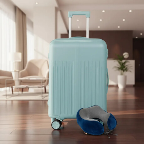 Set Valija Grande Rígida + Almohadón Cervical Memoria Azul Celeste