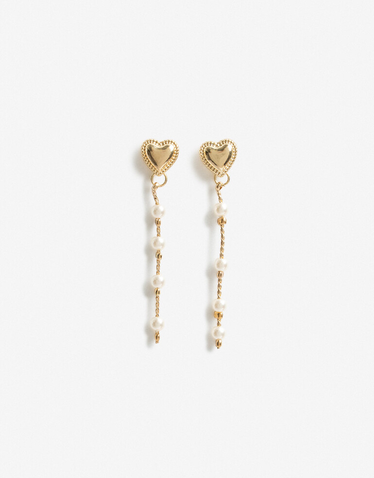 Aros Colgantes Largos Perlas Aros Colgantes Corazón Y Perlas - Dorado