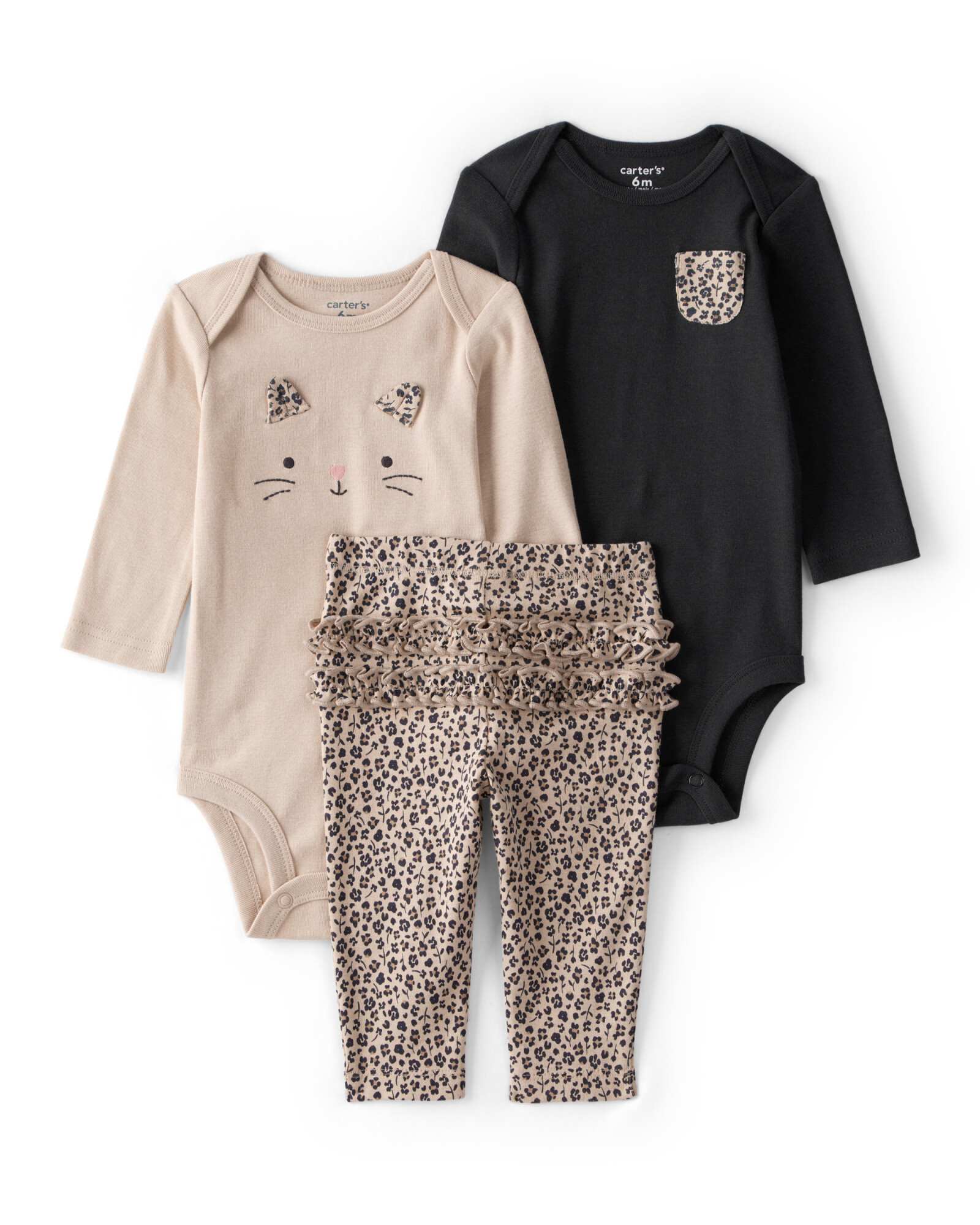 Set tres piezas de algodón, pantalón y dos bodies, diseño guepardo Set tres piezas de algodón, pantalón y dos bodies, diseño guepardo