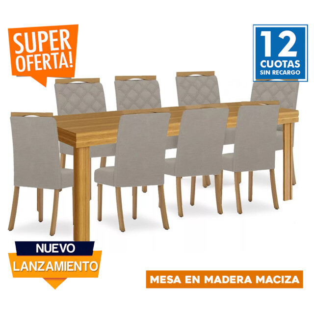 Juego de comedor mesa en madera maciza - 8 sillas tapizadas Juego de comedor mesa en madera maciza - 8 sillas tapizadas