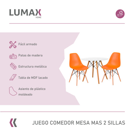 Juego de comedor Con Mesa Circular de 80cm + 2 Sillas Eames Naranja