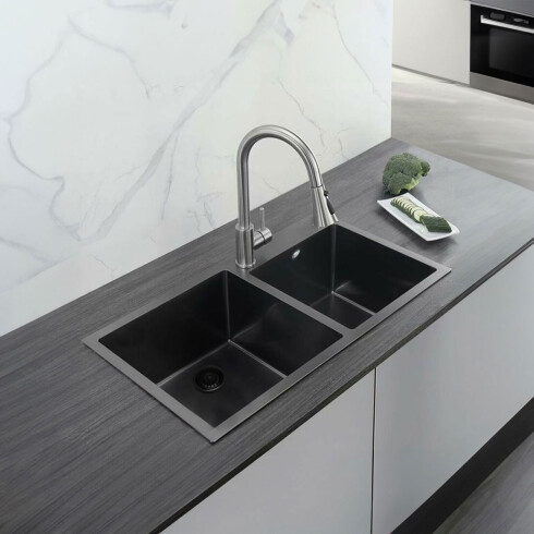 Pileta Cuarzo Rectangular Doble Bajo Mesada Gris Grafito Mate 72X40X20 Cm 000