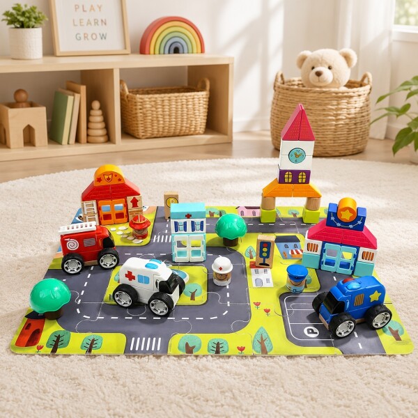 Juego Ciudad Bloques Y Autitos Encastre TopBright Madera Gris 1